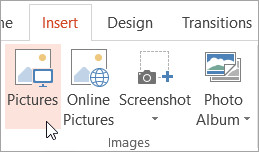 Inserting a new picture using the Pictures button on the Insert tab for quick watermarking in PowerPoint