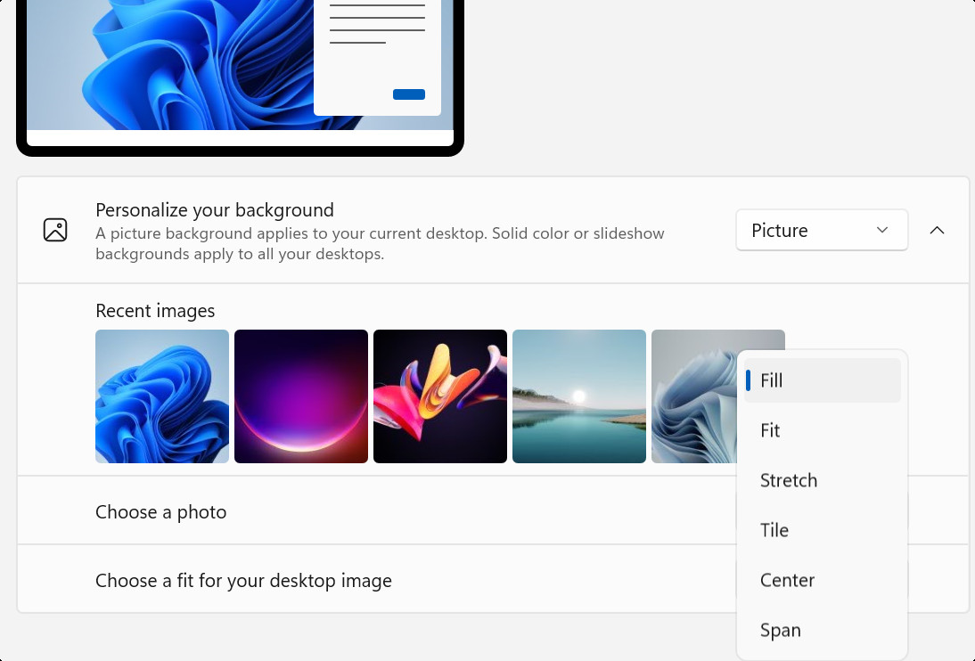 Screenshot of Settings - configuring the fitting for a desktop background.