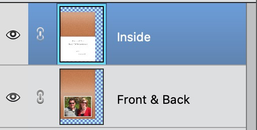 Photoshop Elements interface showing layers for printing a greeting card, demonstrating how to arrange front and back pages.