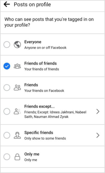 Choose privacy setting for who can see tagged posts on your profile