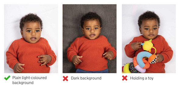 Digital passport photo guidelines for children showcasing examples of compliant and non-compliant photographs