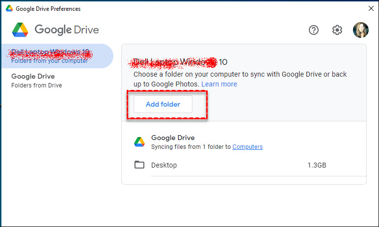 Screenshot of Google Drive for Desktop Preferences showing &quot;Add Folder&quot; option under &quot;My Computer&quot;