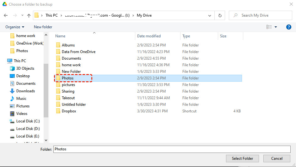 Screenshot showing folder selection within Google Drive in Google Drive for Desktop settings