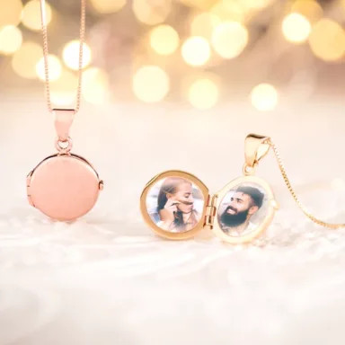 Close-up of a rose gold circle locket showcasing its polished finish and photo holding capability, ideal for crisp photo prints