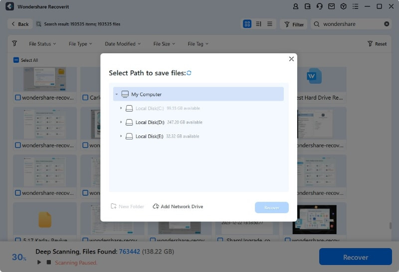 alt text: Choosing a location to save recovered files in Recoverit.