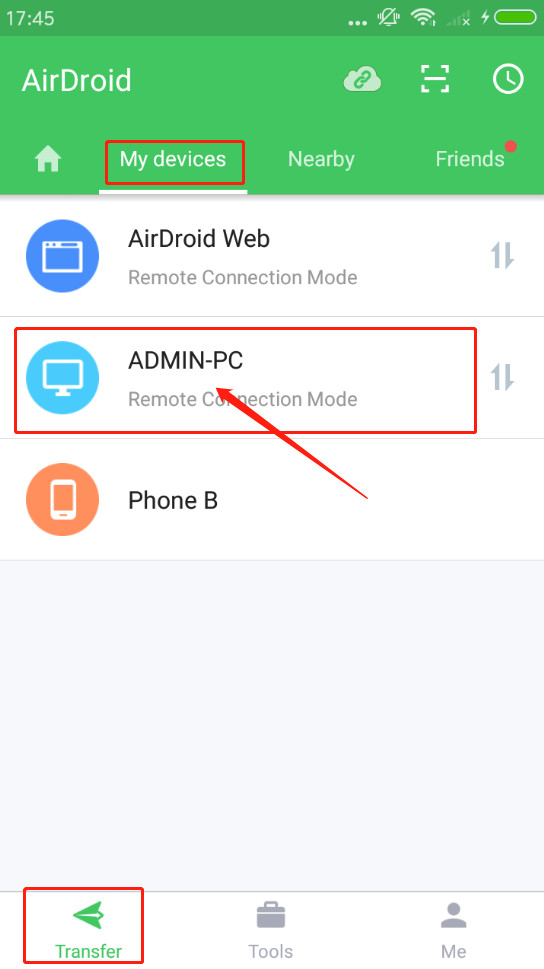 AirDroid Personal Device Connection Screen