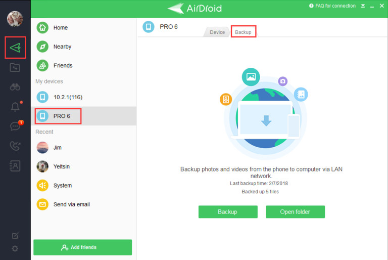 Connect devices in AirDroid Personal for photo backup