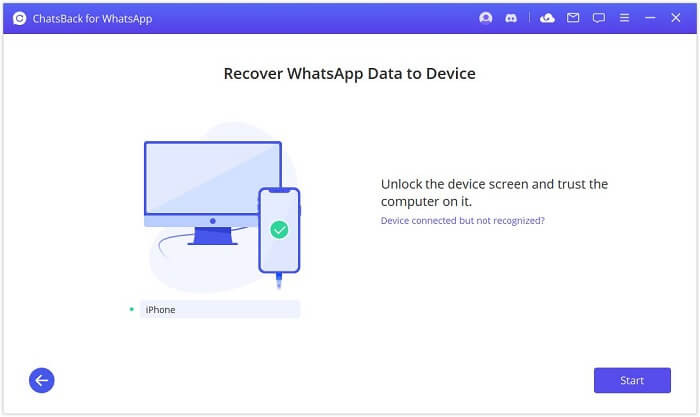 A computer screen displaying ChatsBack for WhatsApp interface, showing a successful iPhone connection via USB for data recovery.