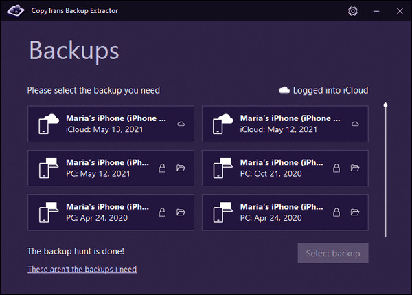 List of Backups in CopyTrans Backup Extractor