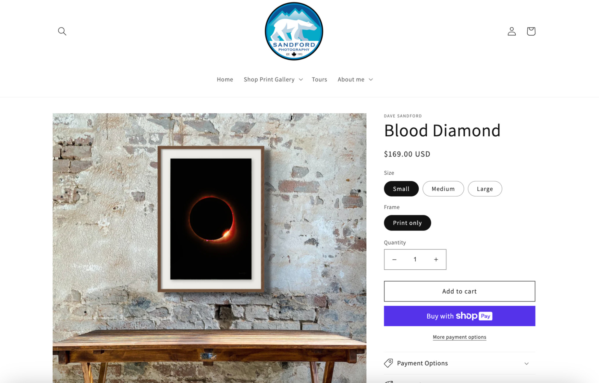 Product page example from Dave Sandford Photos, showcasing a moon print against a black background, illustrating ecommerce integration for photography sales.