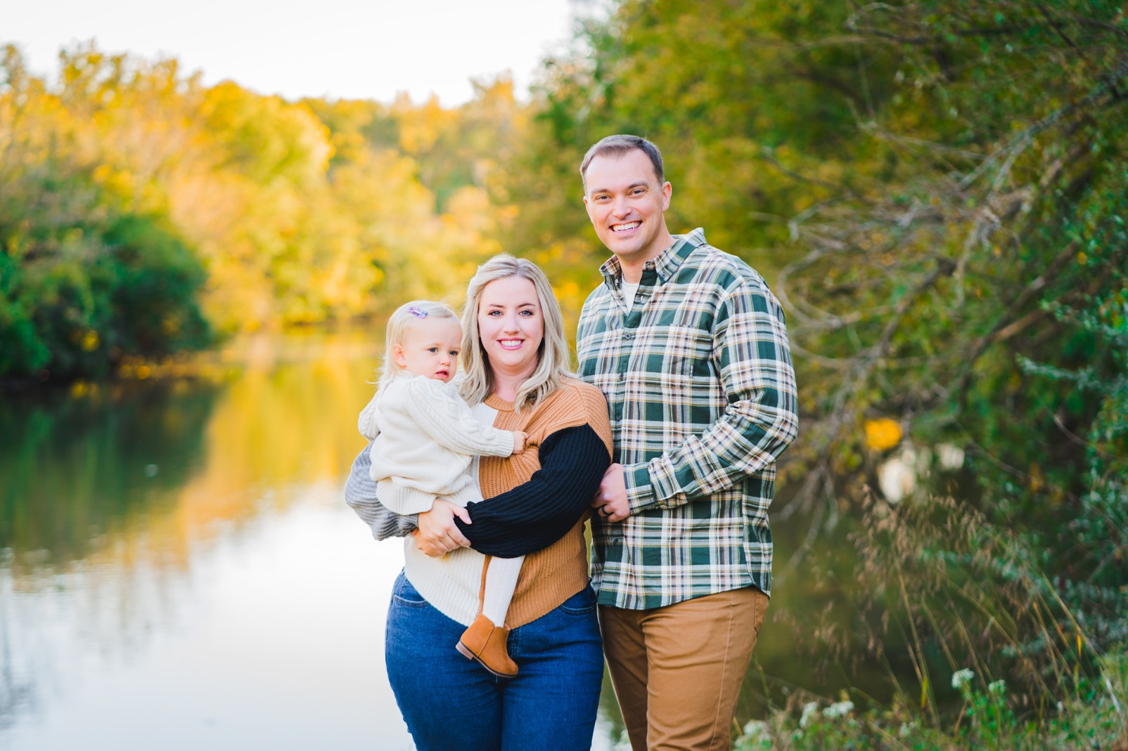 Family in coordinated outfits with a pop of color