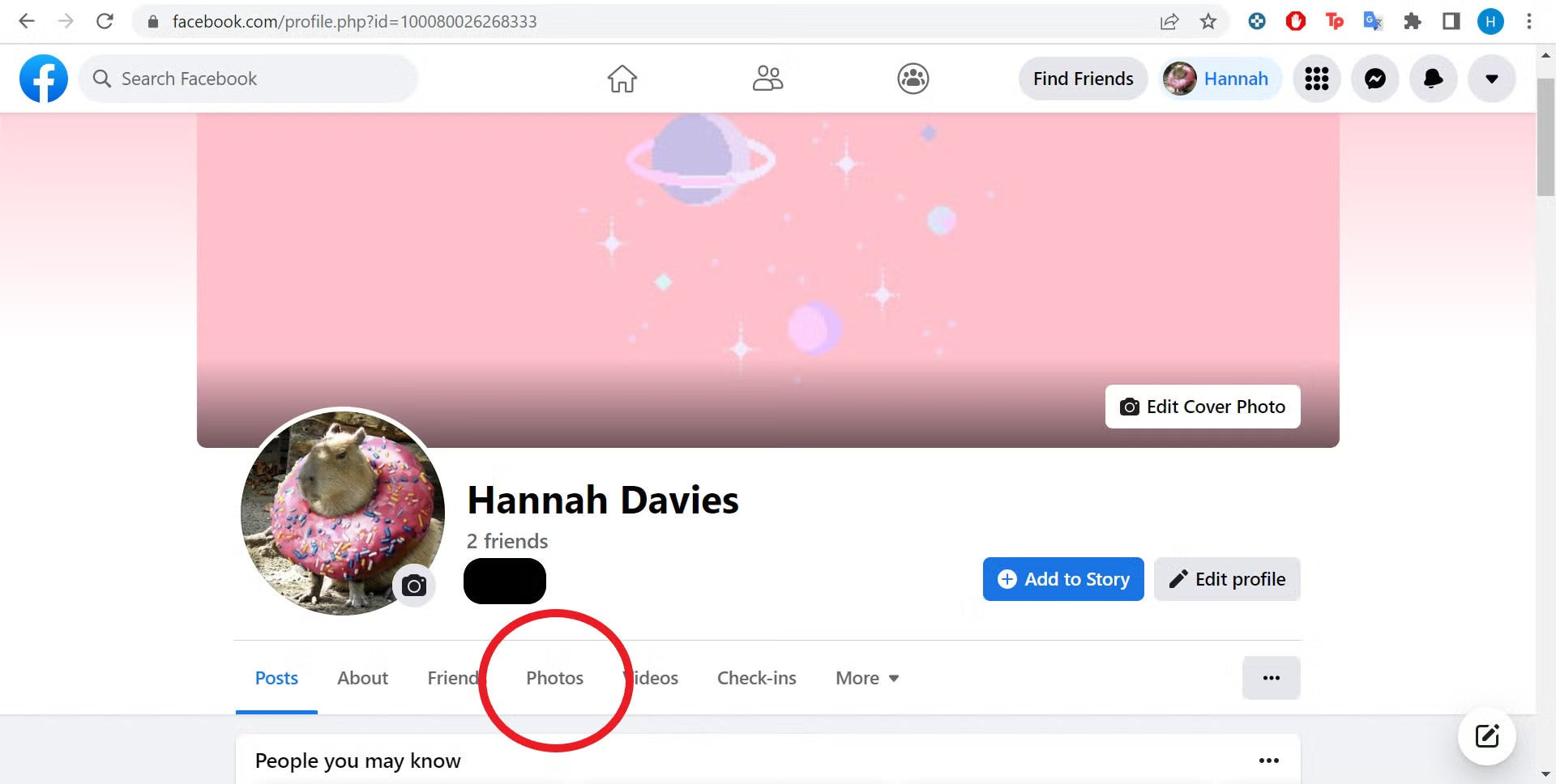 Facebook profile with Photos option highlighted