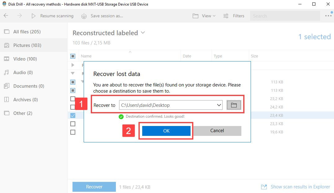 Choose recovery destination in Disk Drill for Windows