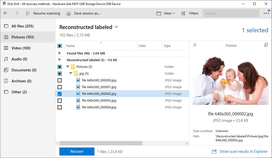 Previewing recoverable photos in Disk Drill for Windows