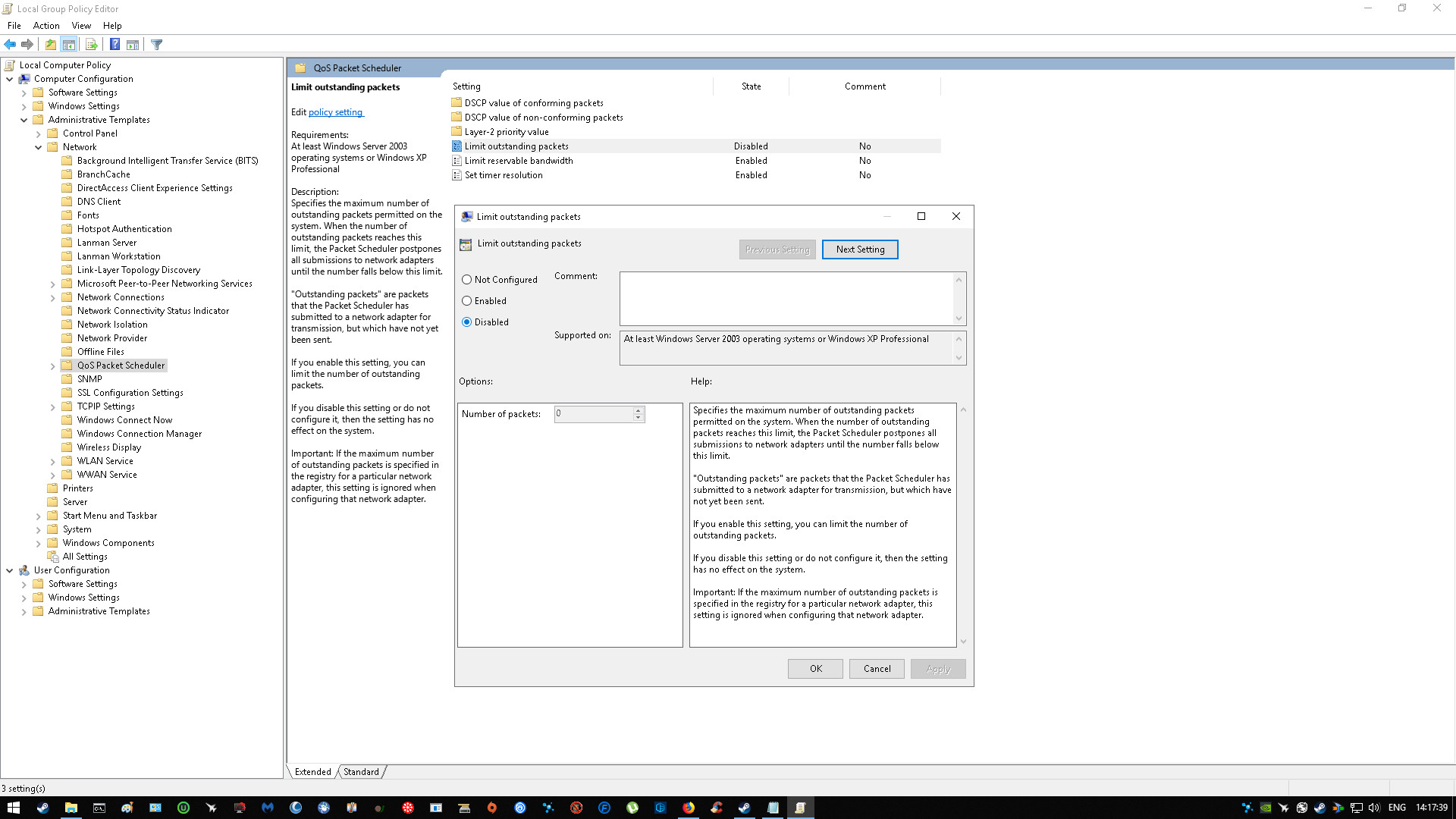 Group Policy Editor settings for QoS Packet Scheduler, limiting reservable bandwidth for network optimization.