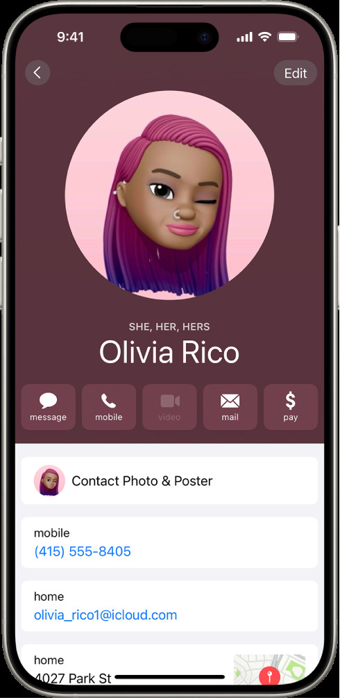 A contact named Olivia Rico with She, Her, and Hers pronouns below the contact photo.