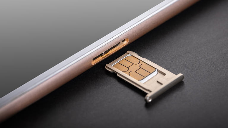 A SIM card plates and a SIM card taken out of the smartphone