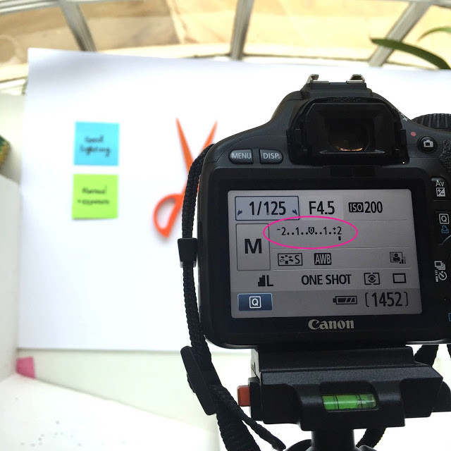 alt text: Camera screen showing the light meter/exposure level