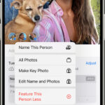 Naming a person from a photo detail view on iPhone Photos app. A photo is open, and in the bottom left corner, a question mark is selected next to a detected face, prompting the "Name This Person" option.