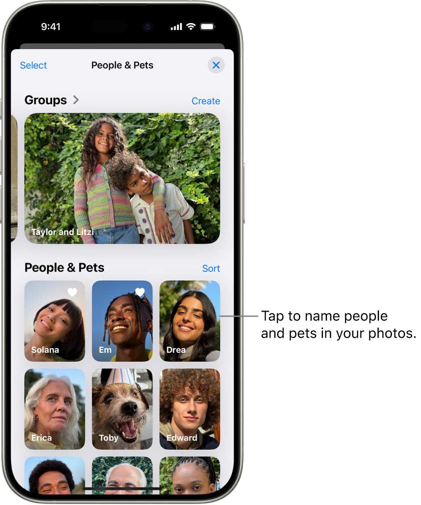 The People &amp; Pets album in iPhone Photos app, showing recognized faces grouped together. Some faces prompt to &quot;Name This Person&quot;, indicating they are yet to be identified.