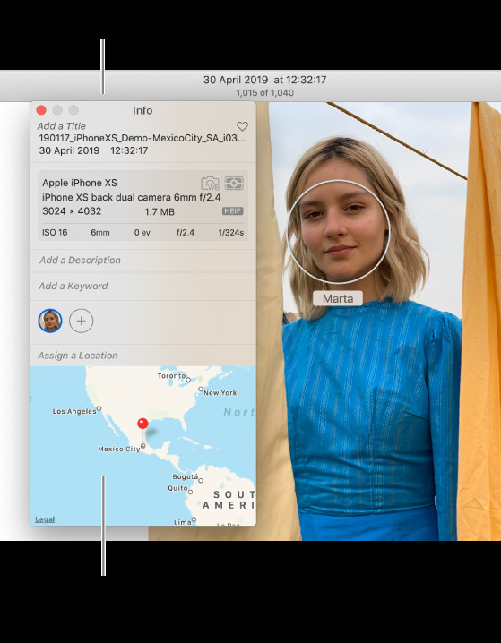 Photos app info window on Mac showing location settings