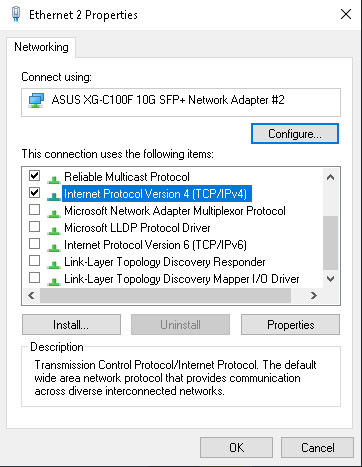 An example of enabled networking components in Ethernet properties, including Client for Microsoft Networks and File and Printer Sharing.