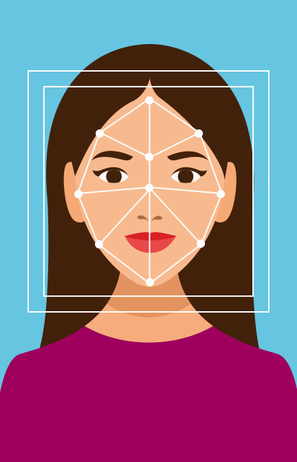 Diagram showing biometric facial measurements used for passport photo identification, highlighting key facial features and distances