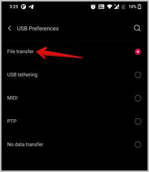 Using File Transfer option for USB Preference on Android
