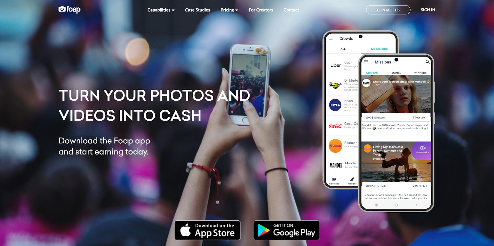 Foap creator landing page promoting a mobile app for photographers, highlighting its mobile-first approach to photo selling.