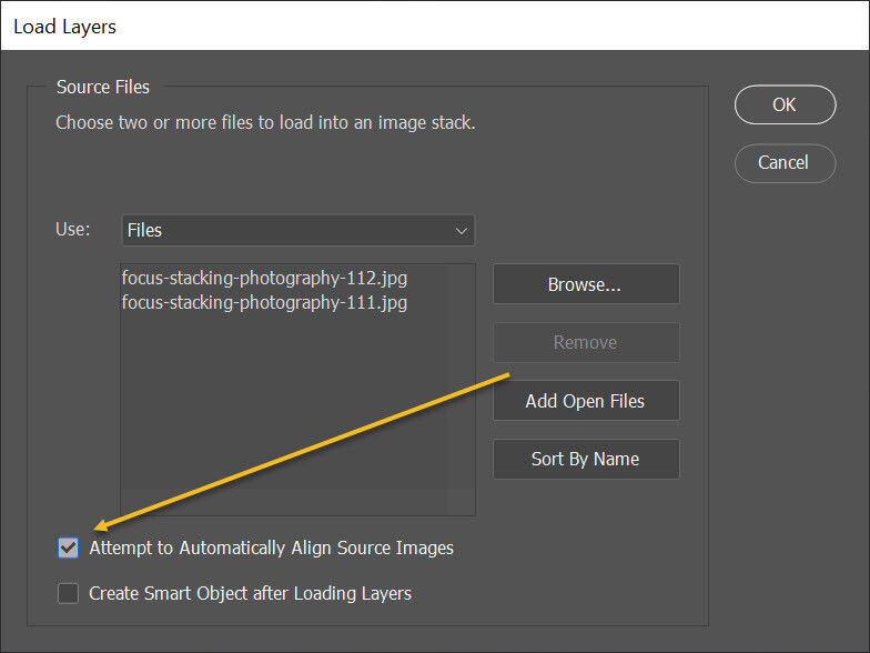 Checking the Attempt to Automatically Align Source Images in Photoshop
