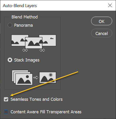 Check the Seamless Tones and Colors box in Photoshop