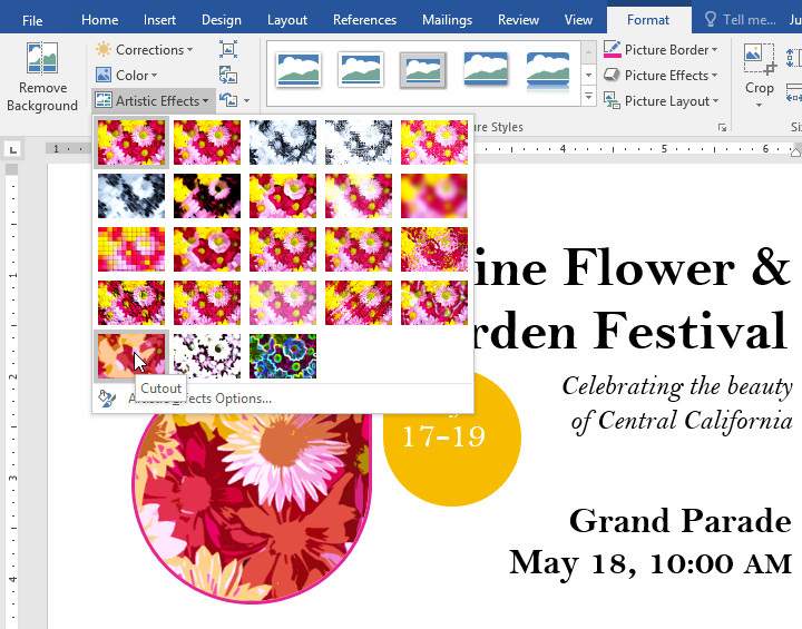 Artistic Effects options for pictures in Word