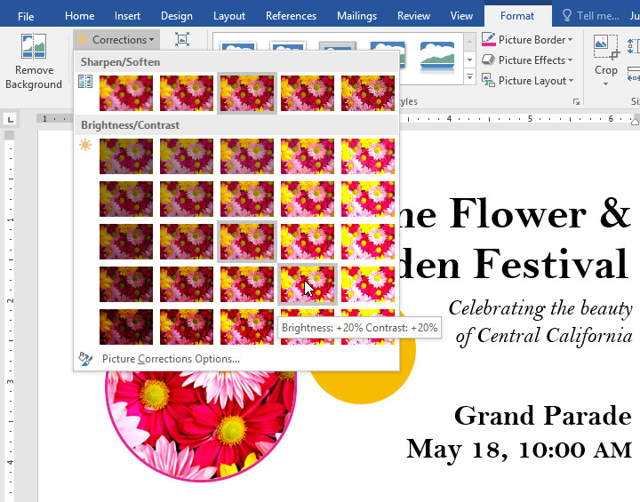 Corrections dropdown menu for image adjustments in Word