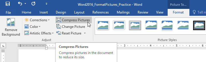 Compress Pictures command in Word Format tab
