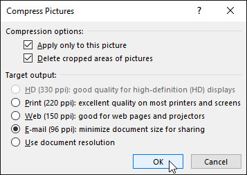 Compress Pictures dialog box in Microsoft Word