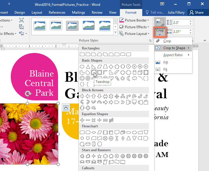 Crop to Shape dropdown menu in Word