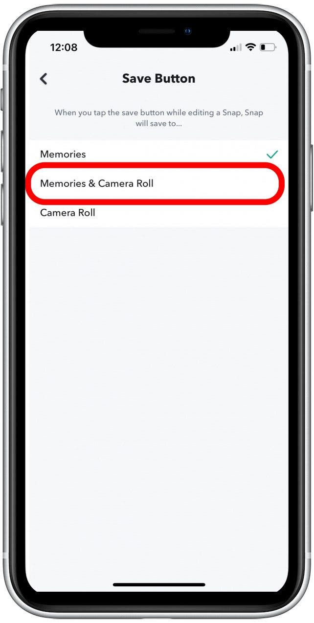 Memories and Camera Roll Save Option in Snapchat Save Button Settings