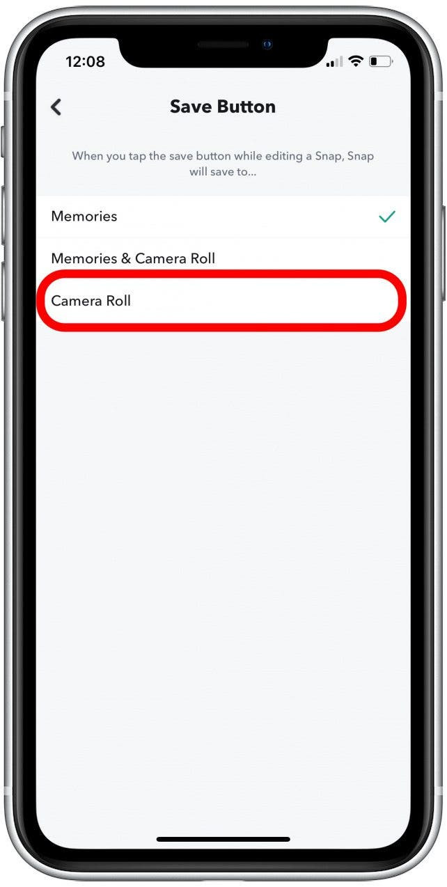 Camera Roll Save Option in Snapchat Save Button Settings