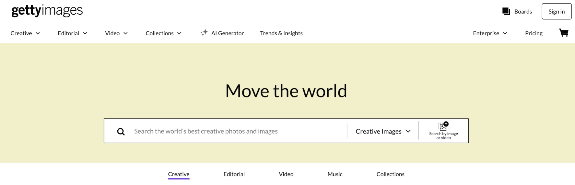 Getty Images’ homepage with a search bar that helps people find photos and images.