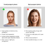 Examples illustrating good and bad UK passport photos. The 'good' example shows correct posture, expression, and background, while the 'bad' examples highlight common mistakes like poor lighting, smiling, and incorrect head size.