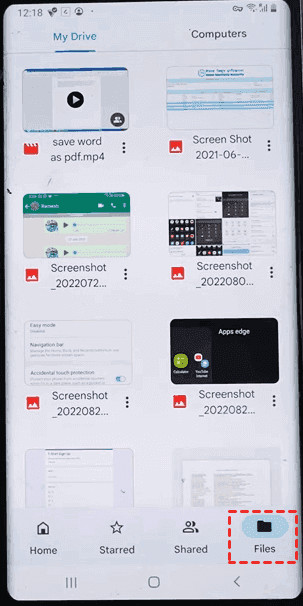 Screenshot of Google Drive Android app showing the &quot;Files&quot; tab at the bottom