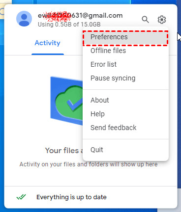 Screenshot of Google Drive for Desktop icon and the &quot;Preferences&quot; option in the menu