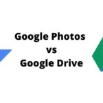 Comparison of Google Photos and Google Drive interfaces highlighting features for photo management vs general file storage