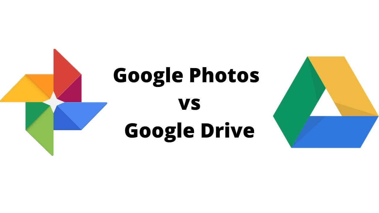 Comparison of Google Photos and Google Drive interfaces highlighting features for photo management vs general file storage