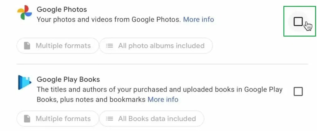 Selecting Google Photos to include in data export for computer transfer