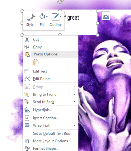 alt text: Removing the text box border and fill in Microsoft Word's shape format options