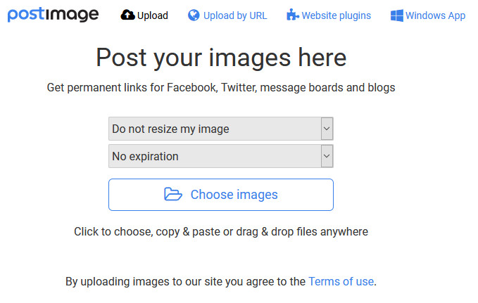 The simple and straightforward interface of the PostImage website.