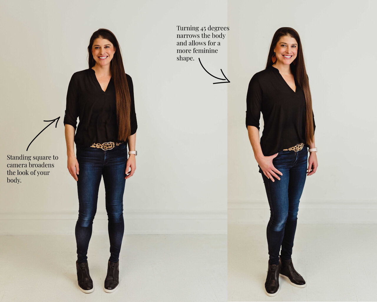 Slimming 45-degree angle posture for photogenic results