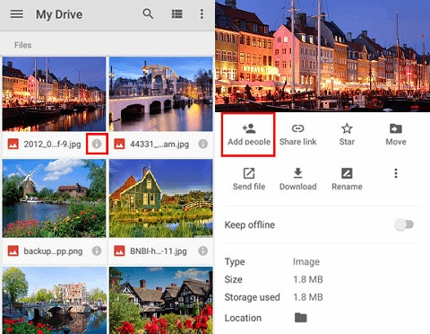 Adding people to share a Google Drive folder on Android.