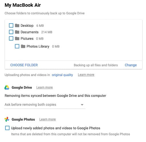 Deselect Pictures folder in Backup and Sync preferences to stop Google Photos upload on Windows